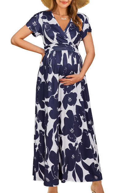 OUGES Maternity Maxi Dress Wrap V Neck Baby Shower Pregnancy Dresses for Photoshoot