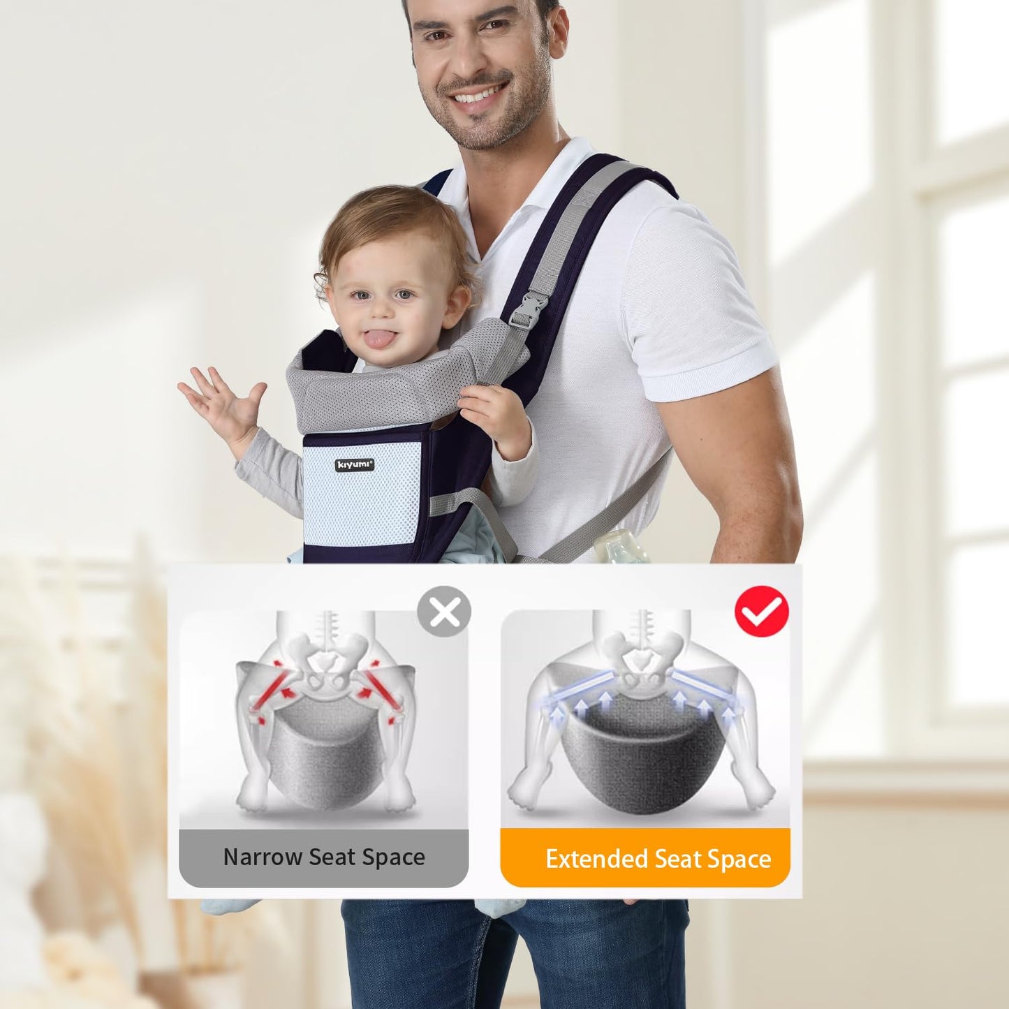 KIYUMI Baby Carrier with Hip Seat, 6- in-1 Baby Carrier Newborn to Toddler, Ergonomic M Position with Head Support and Breathable Mesh,Adjustable Removable Baby Sling Carrier (7-45 lbs) BXLU