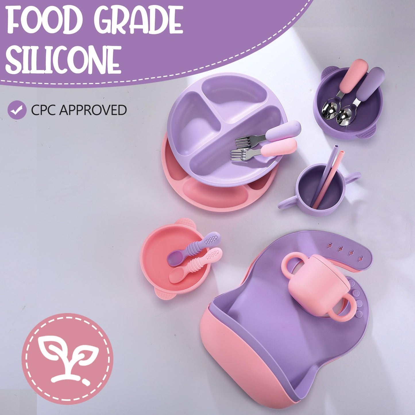 16 Pcs Baby Led Weaning Supplies Silicone Baby Feeding Set Plates with Suction Utensils with Divided Adjustable Bib Bowl Cutlery Snack Cup Spoons Straw 6 Months+(Purple, Pink)