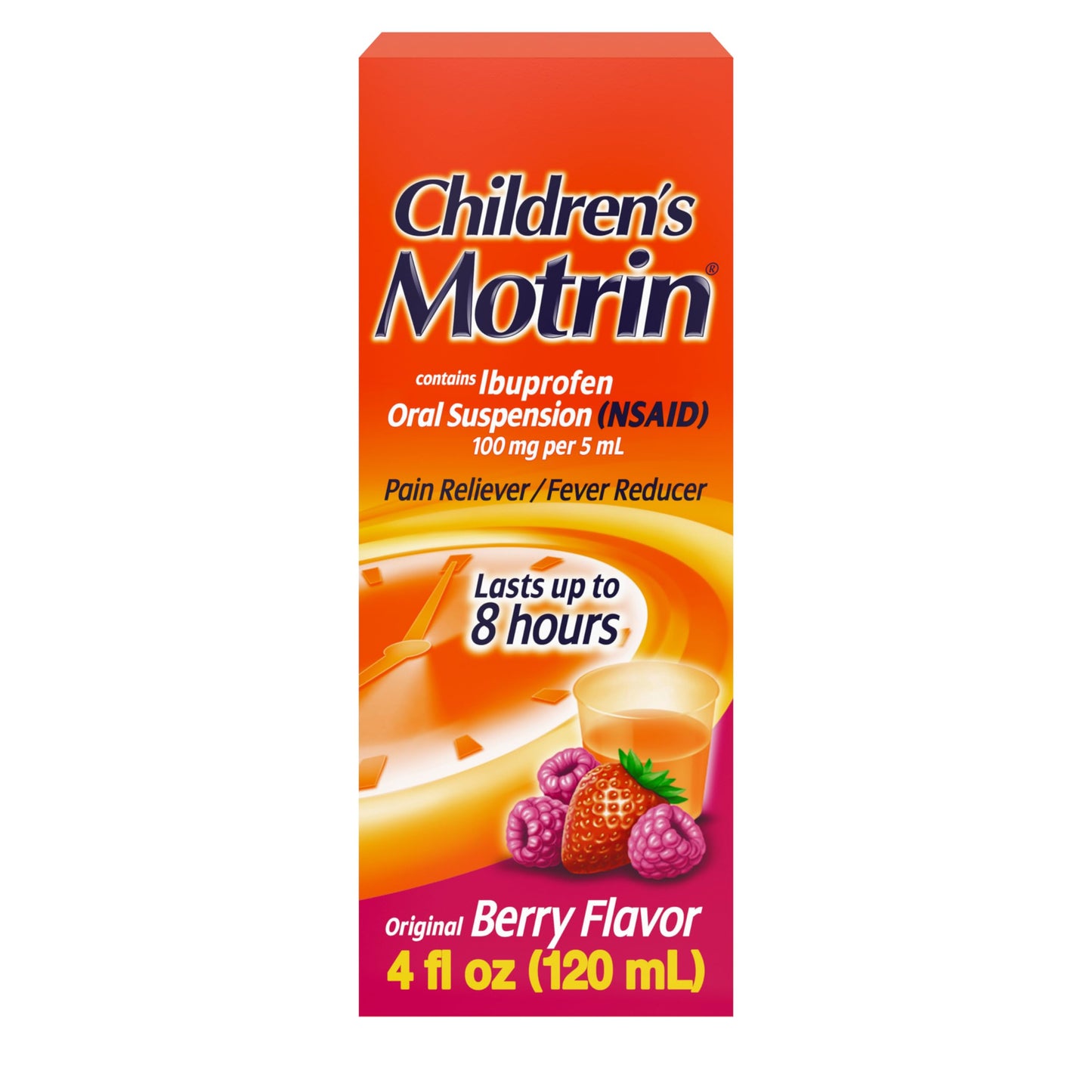 Motrin Children's Oral Suspension 100mg Ibuprofen Medicine, NSAID Fever Reducer & Pain Reliever for Minor Aches & Pains Due to Cold & Flu, Dye Free, Alcohol-Free, Berry Flavored, 8 fl. oz