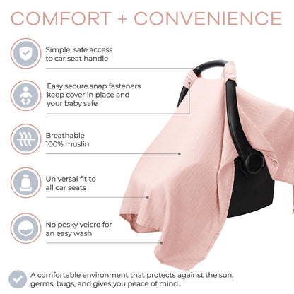 Comfy Cubs Baby Car Seat Cover - Soft, Breathable Bamboo Rayon and Muslin Cotton Blend - Lightweight Canopy for Sun, Bug, and Comfort Protection - Large Size Infant Seat Cover in Sage Design
