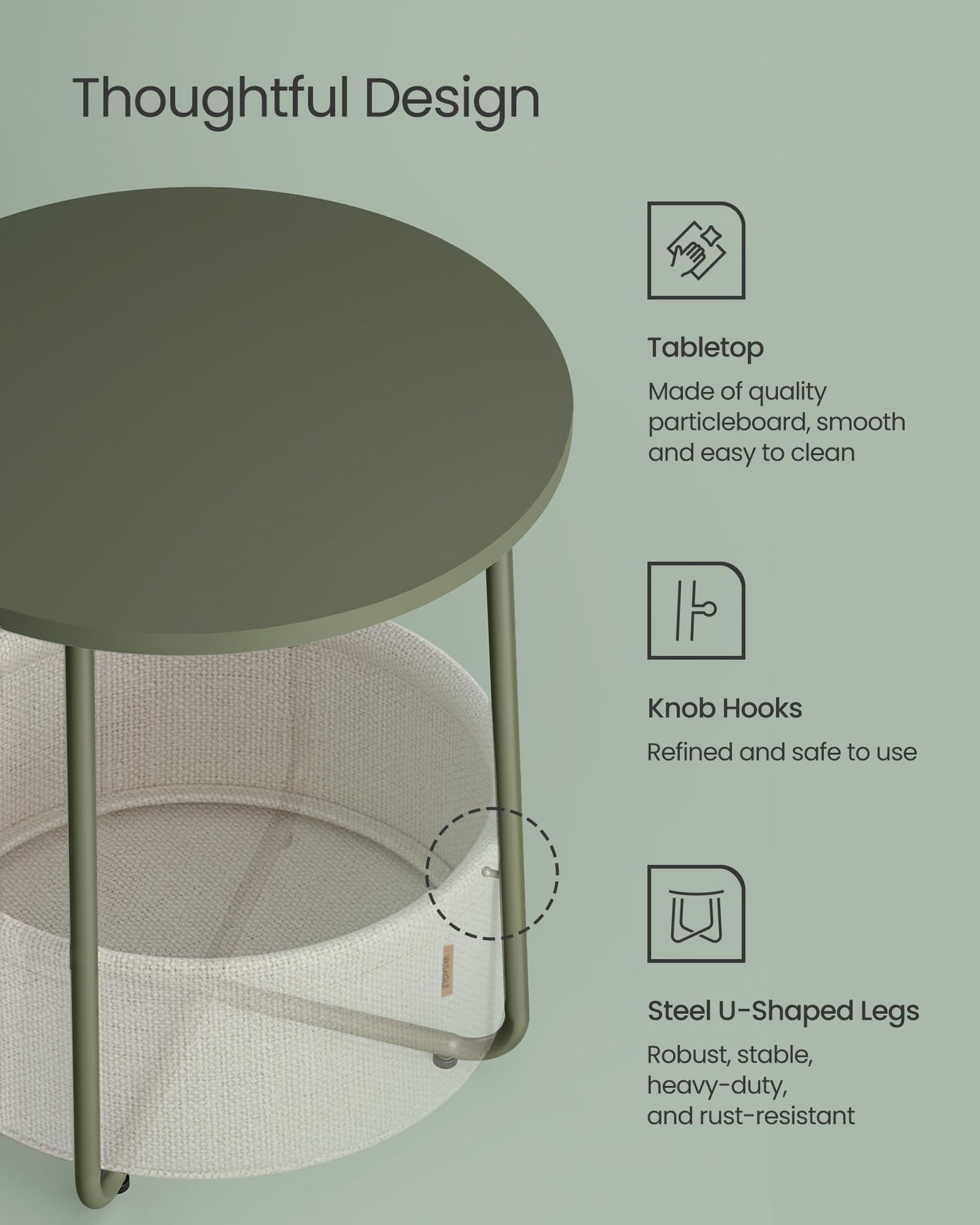 VASAGLE End Table, Small Bedside Table with Fabric Basket, Modern Nightstand, Round Side Table, for Living Room, Bedroom, Matte White and Camel Brown ULET223W10