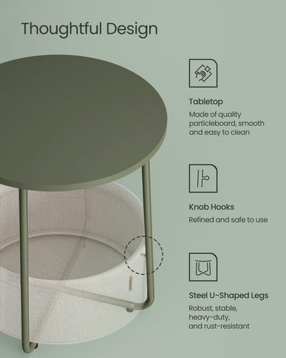 VASAGLE End Table, Small Bedside Table with Fabric Basket, Modern Nightstand, Round Side Table, for Living Room, Bedroom, Matte White and Camel Brown ULET223W10