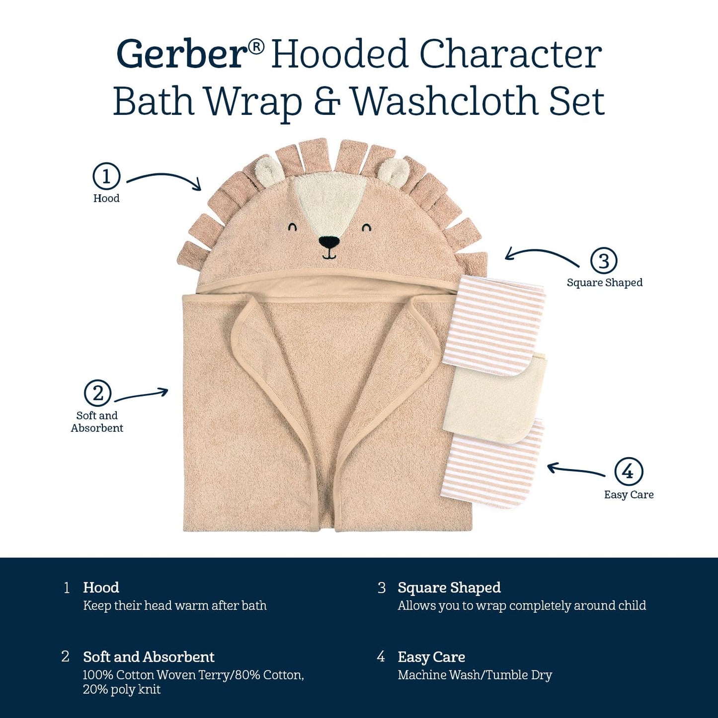 Gerber Baby 4 Piece Animal Character Hooded Towel and Washcloth Set, Brown Lion, One Size