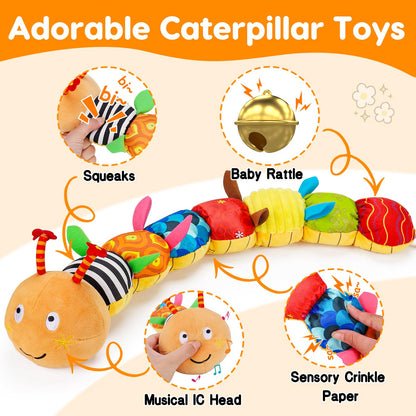 Baby Sensory Toy 0-6 Month Music Animal Stuffed Plush Caterpillar Toy for Infant 0-3-6 Month Tummy Time with Baby Mirror Crinkle Rattle for 6-12 Month Carseat Toy for Newborn Boys Girls Shower Gifts