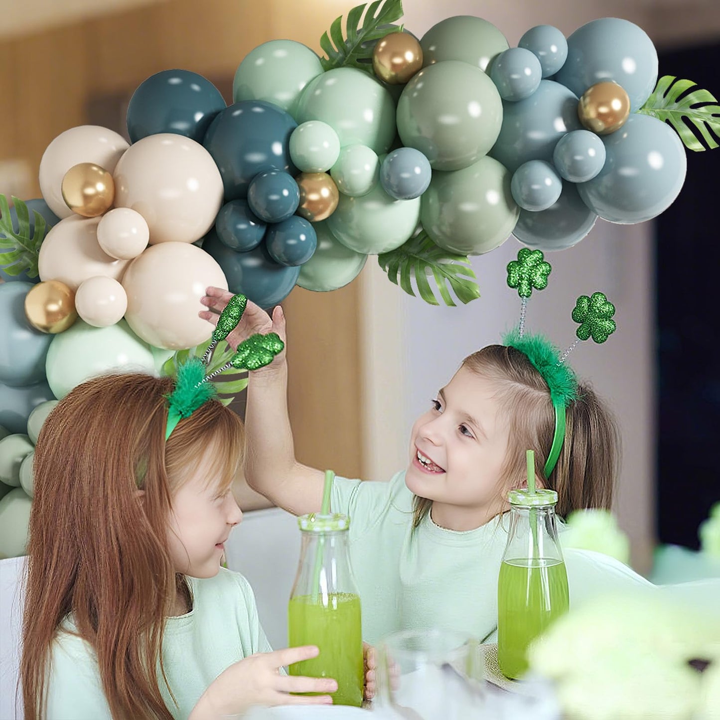 Dusty Blue Sage Green Balloon Arch Kit Slate Fog Blue Pastel Green White Sand Beige Gold Balloons Garland for Jungle Safari Birthday Baby Shower Wedding Party Decorations