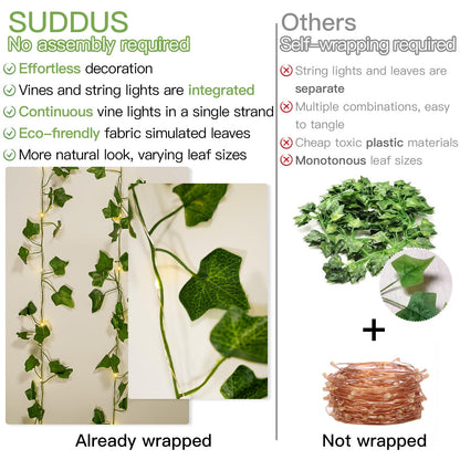suddus Vine with Fairy Lights Battery Operated, 33ft 100 LED Ivy String Lights with Remote, Leaf Lights for Bedroom, Room, Wall, Garden, Party, Wedding Decor (Warm White)
