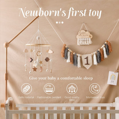 Baby Crib Mobile for Boys Girls| Boho Nursery Mobile| Gender Neutral Hand-Crocheted Mobile| Ceiling Mobile - Stars, Clouds, Moon