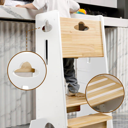 COSYLAND Toddler Standing Tower Adjustable Height - Super Stable Kids Kitchen Stool Helper - 3 Levels Adjustable Wooden Toddler Kitchen Stool (Natural & Navy Blue)