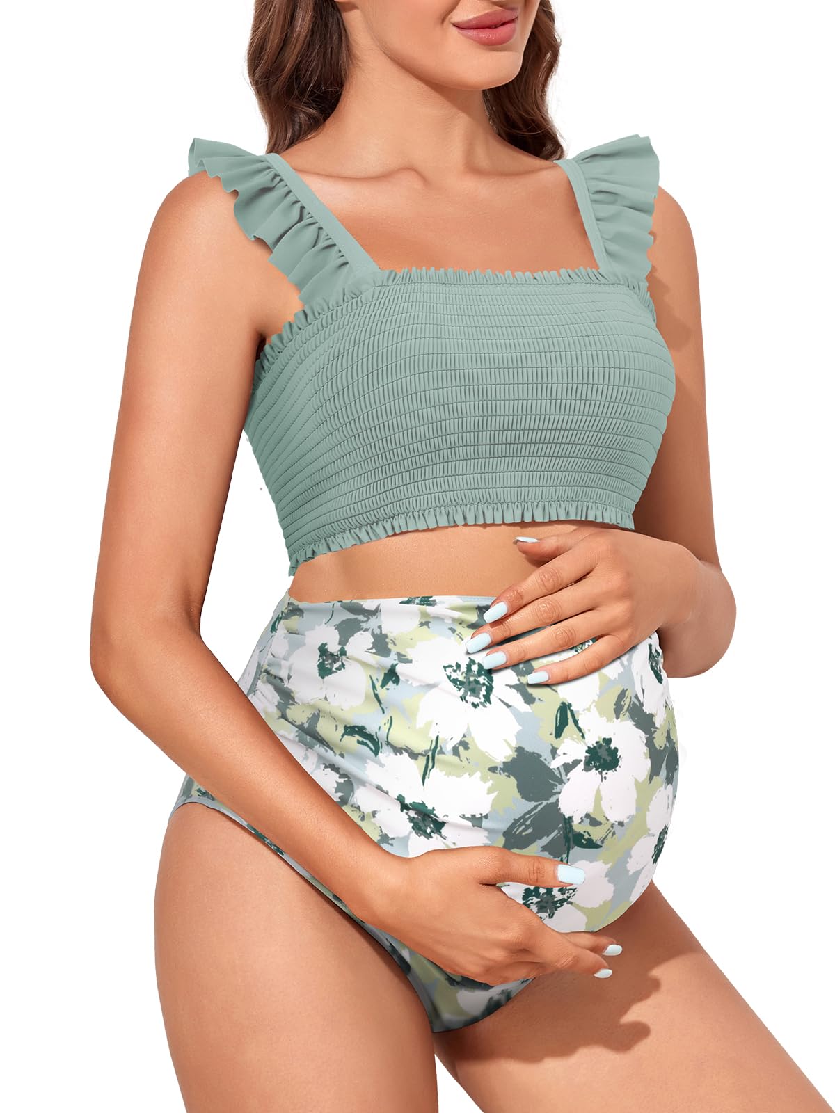 Summer Mae Maternity High Waist Bikini Swimsuit Two Piece Ruffled Hem Cute Bathing Suit Floral Pregnancy Swimwear