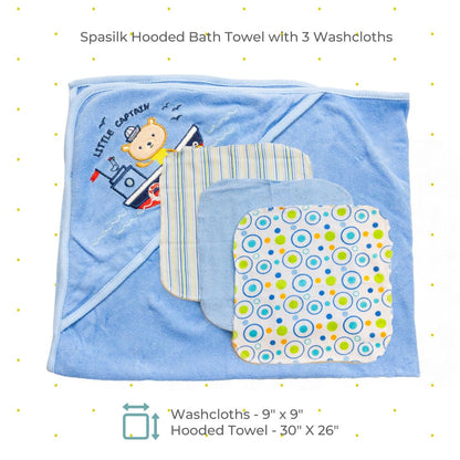 Spasilk Baby Bath Hooded Terry Towel with 3 Washcloths, Baby Bath Essentials, One Size, Blue Whale