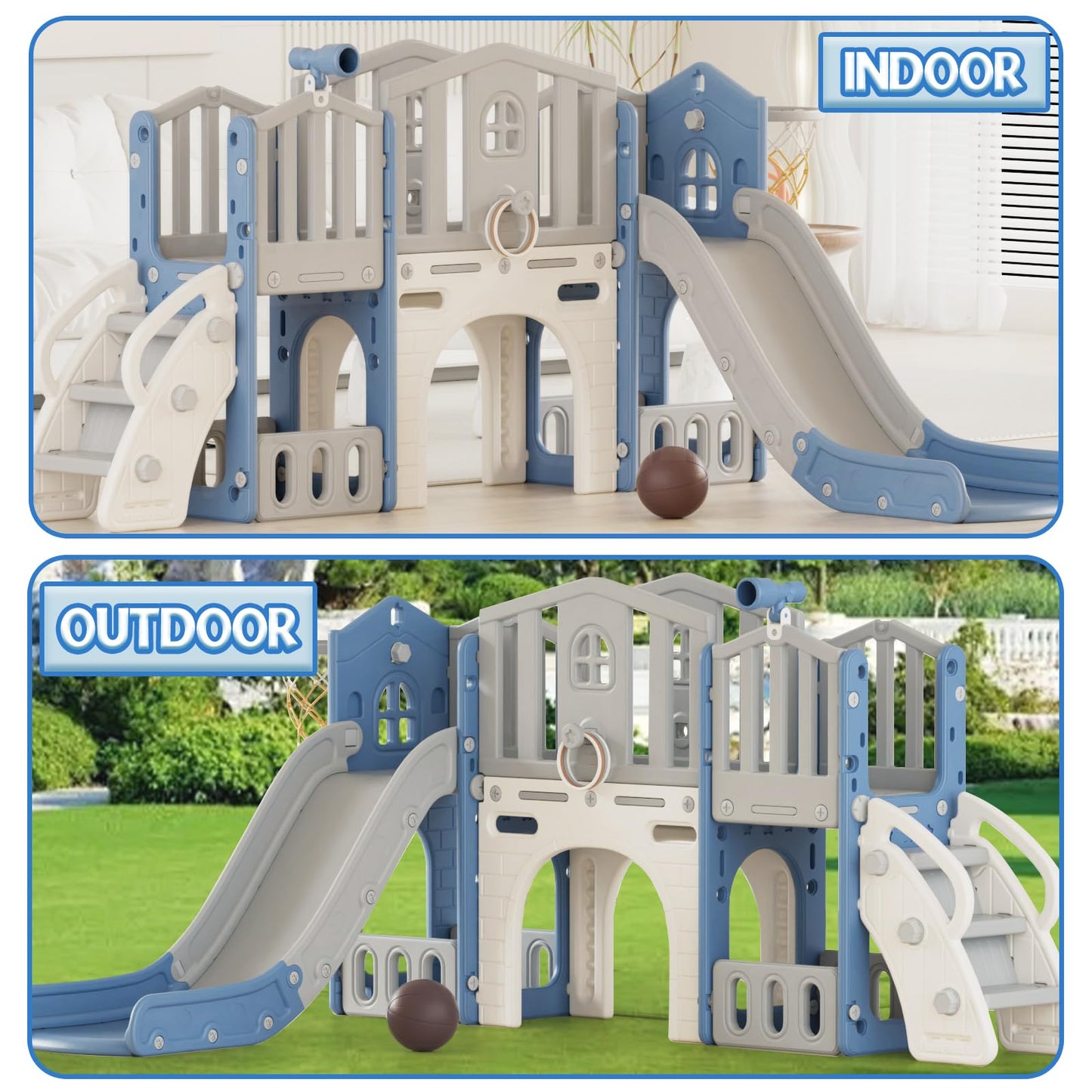 KORIMEFA 8 in 1 Toddler Slide Set, Kids Slide for Toddlers Age 1-3, Toddler Climber PlaySet with Basketball Hoop and Ball, Outdoor Indoor Kids Playground for Toddlers 1-3, Beige
