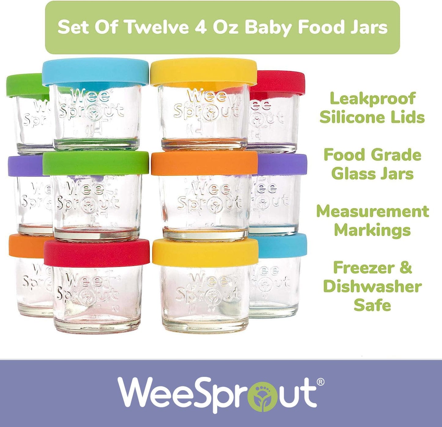 WeeSprout Glass Baby Food Storage Jars w/Lids (8 oz, 8 Pack Set) Snack, Puree, Reusable Small Containers, Breast Milk, Fridge or Freezer, Microwave & Dishwasher Safe, Essential Must Have for Infants