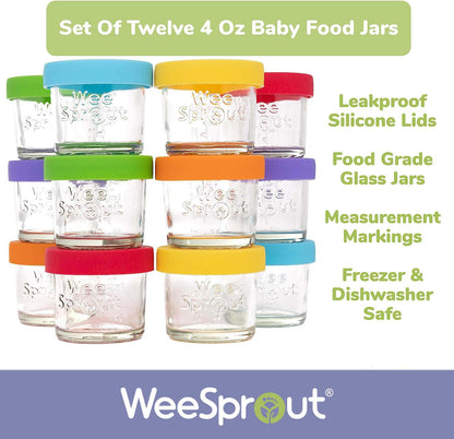 WeeSprout Glass Baby Food Storage Jars w/Lids (8 oz, 8 Pack Set) Snack, Puree, Reusable Small Containers, Breast Milk, Fridge or Freezer, Microwave & Dishwasher Safe, Essential Must Have for Infants