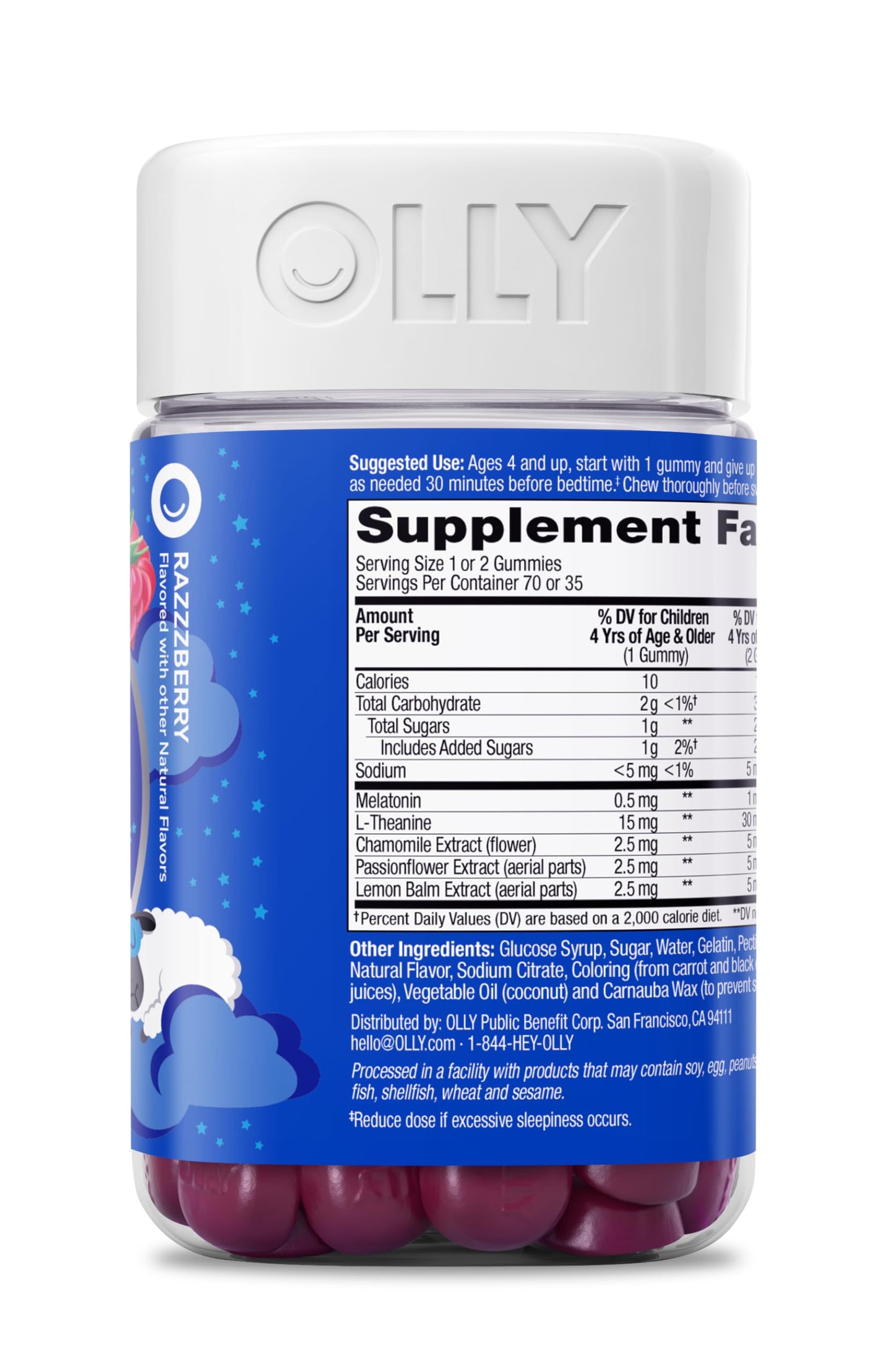 OLLY Kids Sleep Gummy, 0.5mg Melatonin, L Theanine, Chamomile, and Lemon Balm, Childrens Chewable Supplement, Raspberry - 50 Count