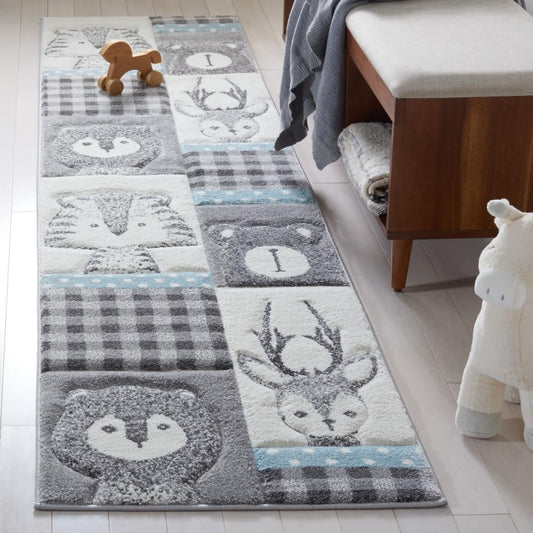SAFAVIEH Carousel Kids Collection Area Rug - 5'3" Round, Grey & Ivory, Animal Design, Non-Shedding & Easy Care, Ideal for High Traffic Areas for Boys & Girls in Playroom, Nursery, Bedroom (CRK188B)