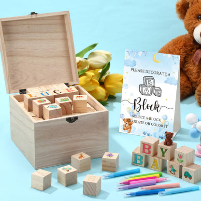 Marsui 136 Pcs Baby Shower Blocks to Decorate Game Kit Includes 98 Wooden Blocks, 36 Markers, 1 Game Sign, 1 Storage Box for Baby Shower Gender Reveal Activity Party Decorations(Pink Elephant)