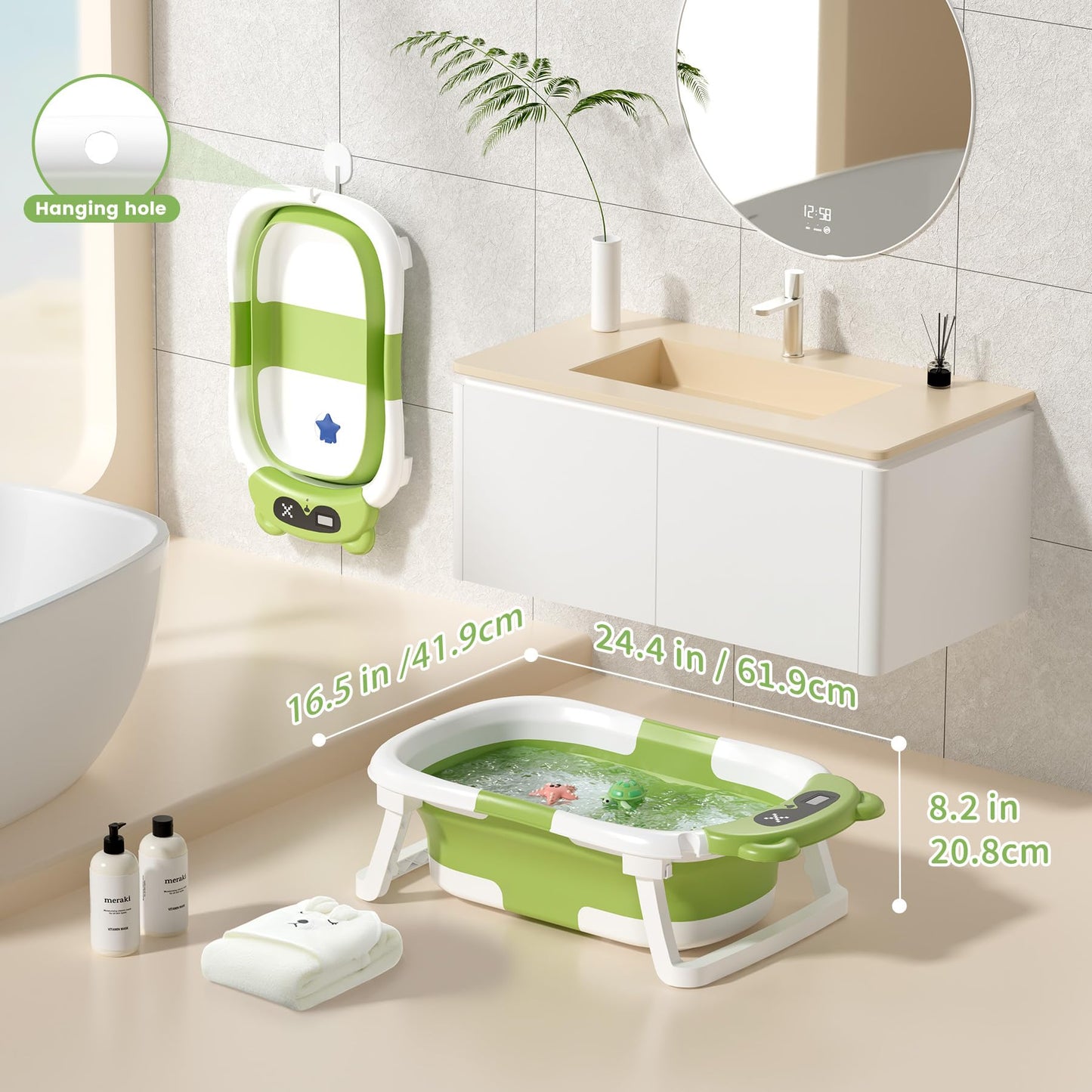Collapsible Baby Bathtub for Newborn to Toddler (0-18 M) - Portable Baby Tub with Thermometer, Newborn Bathtub with Soft Towel and Floating Cushion (Brown)