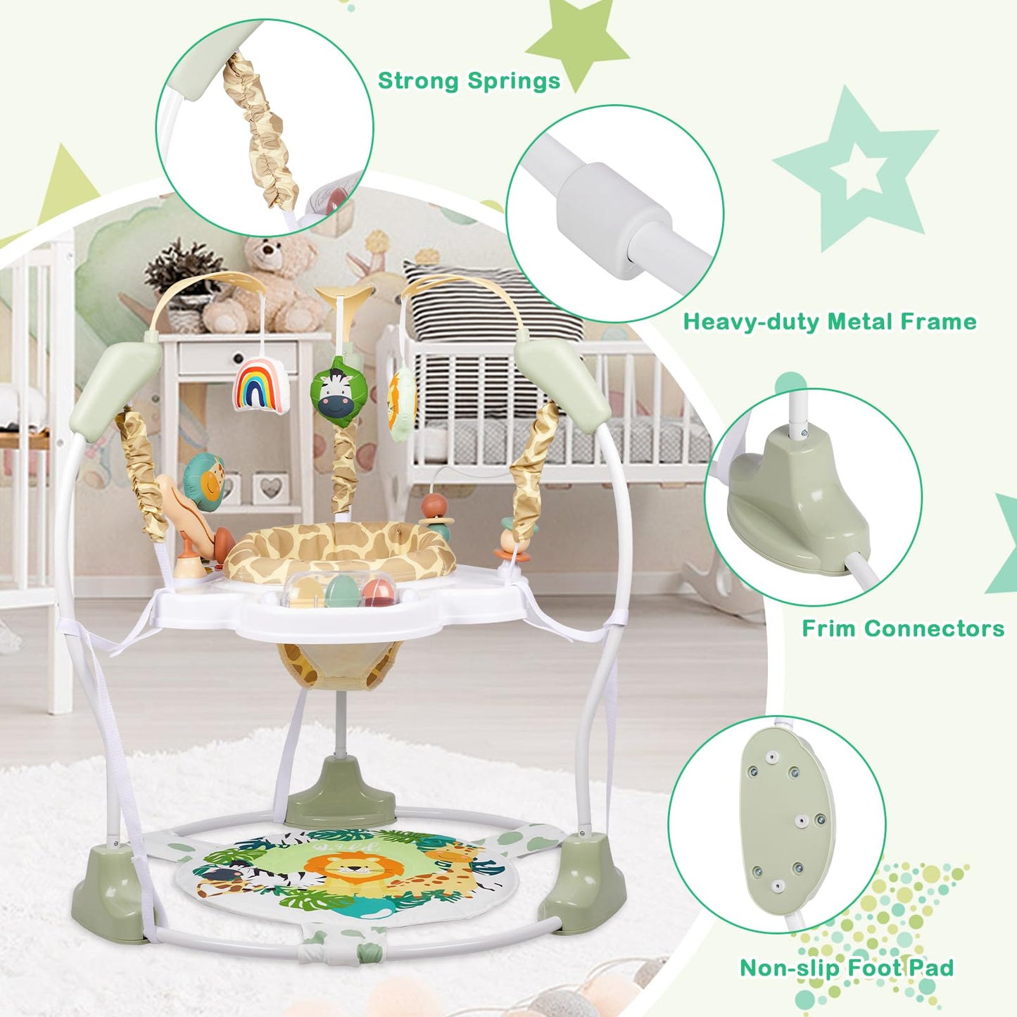 Baby Activity Center, Infant Jumpers and Bouncers with Music, Lights, Infant Toys, 360°Rotating Seat, 3 Adjustable Heights, Baby Play and Learning Center for 6+ Months