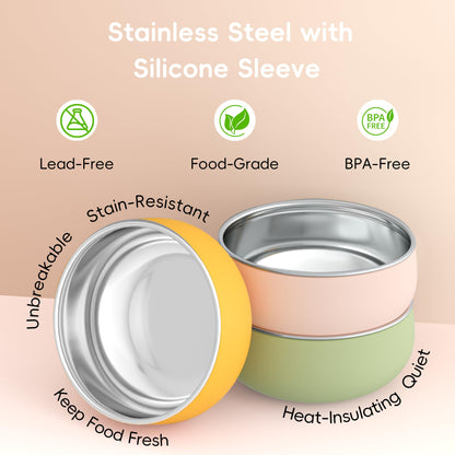 Bella's Friends Stainless Steel Baby Bowls with Silicone Sleeve 3 Pack, 4.3” for Toddlers Kids Feeding, Non-Slip, Non-Toxic, Mess-Free, Dishwasher Safe, Fit High Chair Size, Rose green Khaki