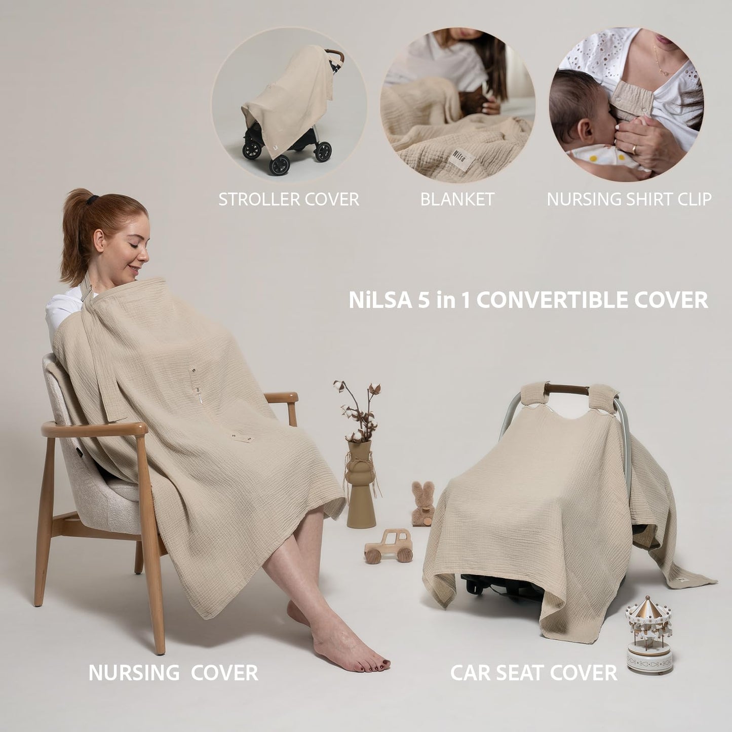 Nilsa 5-in-1 Muslin Nursing Cover up for Breastfeeding & Baby Car Seat Cover - Breathable Breastfeeding Cover With Rigid Hoop - 100% Cotton Privacy Apron Breast Feeding Covers For Women (Blush)