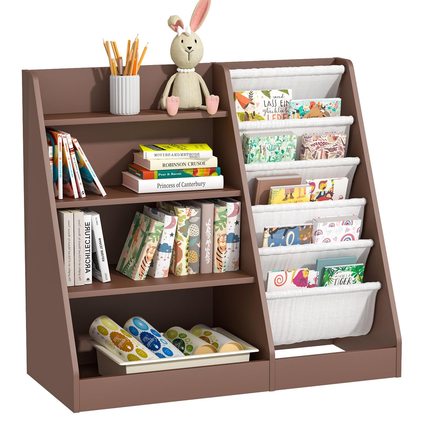 White Kids Bookshelf Wood Toy Storage Organizer Cabinet Children Bookcase Toddler Baby Sling Book Rack 3 Cube Bins Fabric Drawers for Playroom Bedroom Nursery School