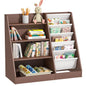 White Kids Bookshelf Wood Toy Storage Organizer Cabinet Children Bookcase Toddler Baby Sling Book Rack 3 Cube Bins Fabric Drawers for Playroom Bedroom Nursery School