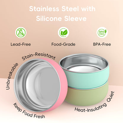 Bella's Friends Stainless Steel Baby Bowls with Silicone Sleeve 3 Pack, 4.3” for Toddlers Kids Feeding, Non-Slip, Non-Toxic, Mess-Free, Dishwasher Safe, Fit High Chair Size, Rose green Khaki