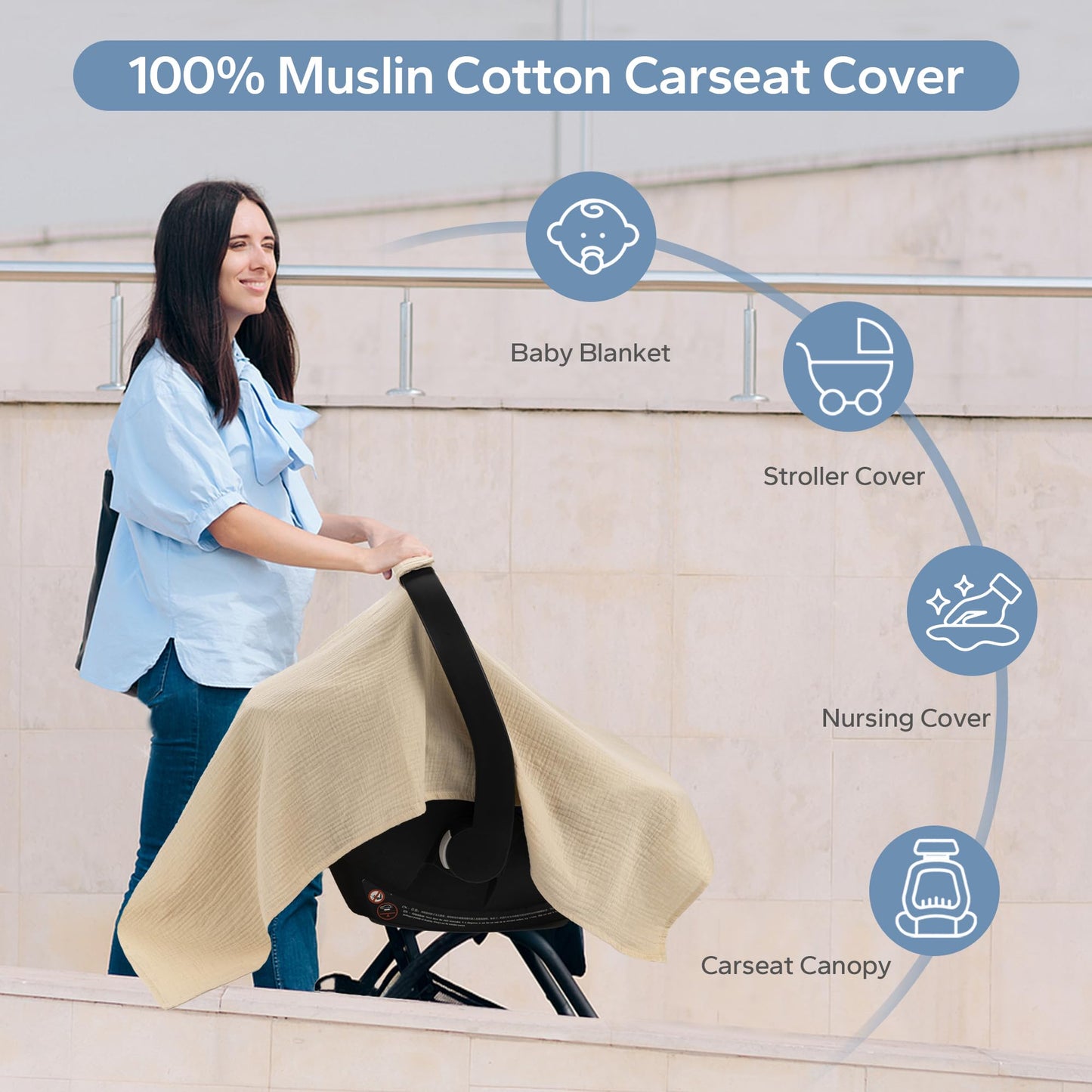 SERAPHY 100% Muslin Cotton Car Seat Covers for Babies, Universal Baby Car Seat Cover, Breathable Muslin Carseat Cover Canopies for Boys and Girls, Soft Infant Car Seat Cover for Summer — Rabbits
