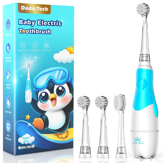 DADA-TECH Toddler Electric Toothbrush Kids Age 1-2-3 Years Old, Baby Electric Toothbrush with LED Light 2 Minutes Timer 4 Vibrating Heads for Infants Toothbrush 6 to 12 Months and Up (Pink Penguin)