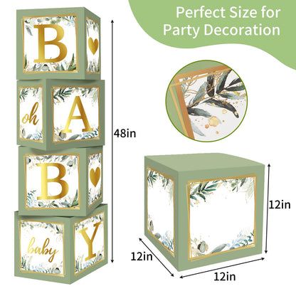 RUBFAC Sage Green Baby Boxes with Letters for Baby Shower, 4pcs Safari Baby Shower Decorations for Boy Girl Balloon Boxes Gender Reveal Birthday Party Favors