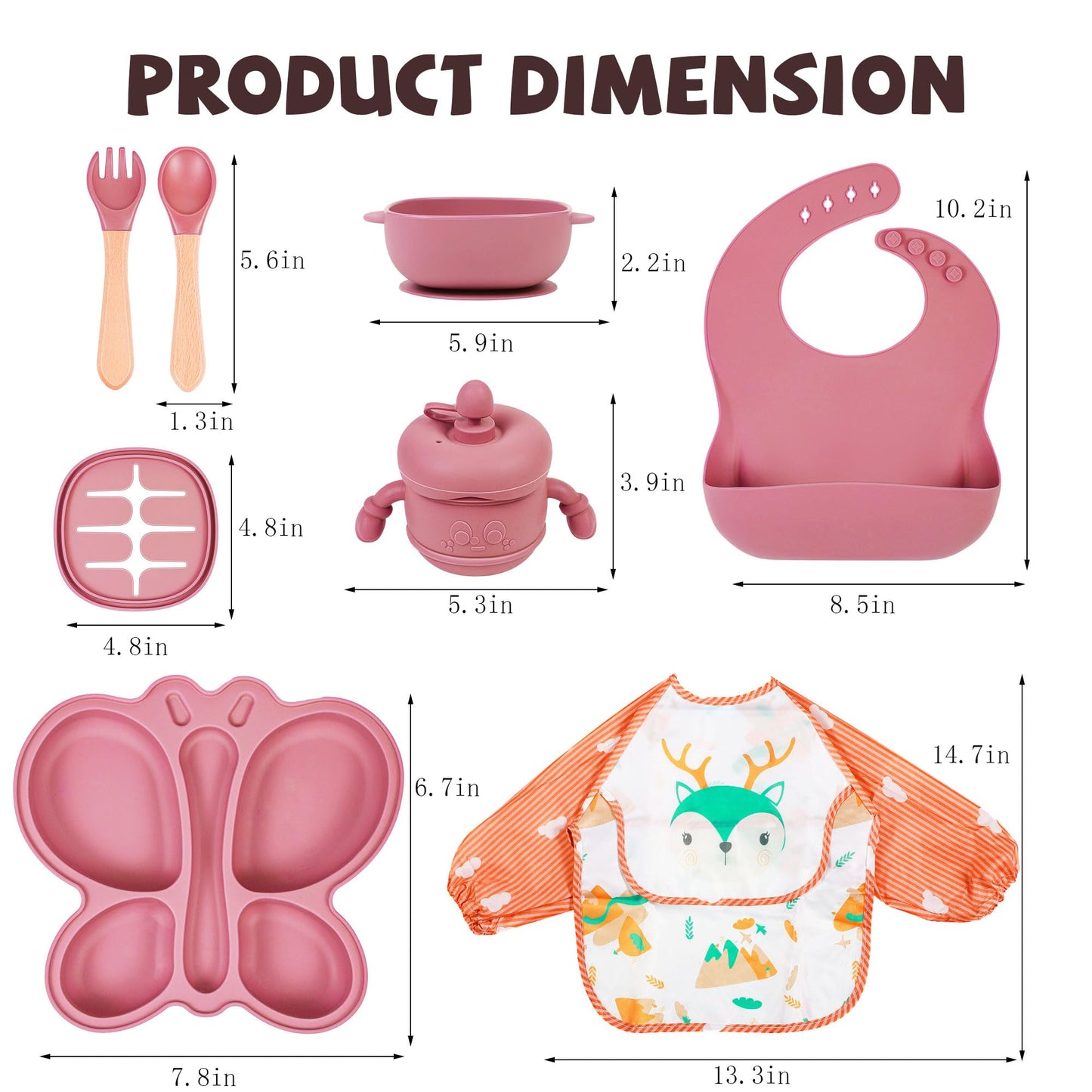 Silicone Baby Feeding Set, Baby Led Weaning Supplies, Silicone Suction Butterfly Plate, Bowl, Spoons, Fork and Waterproof Bib & Cloth Bib, Eating Utensils Baby Feeding Essentials (Purple)