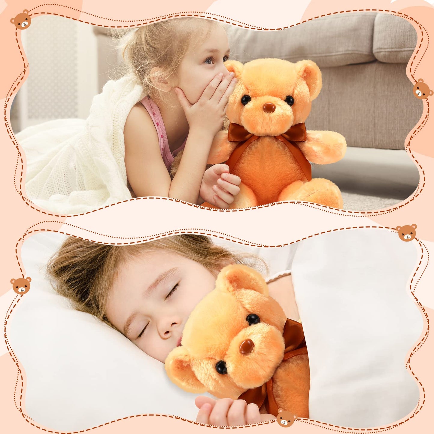 HyDren 6 Pcs Bear Stuffed Animal Plush Toys Soft Plush Dolls Bear Sleeping and Playing Toys for Baby Shower Decoration Boy(Fuzzy Style,Brown)