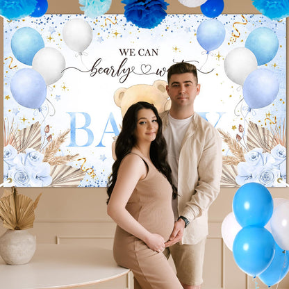Blue Bear Baby Shower Backdrop 6x3.6 ft We Can Bearly Wait Banner for Boy Bear Baby Shower Decorations Newborn Photo Props Background