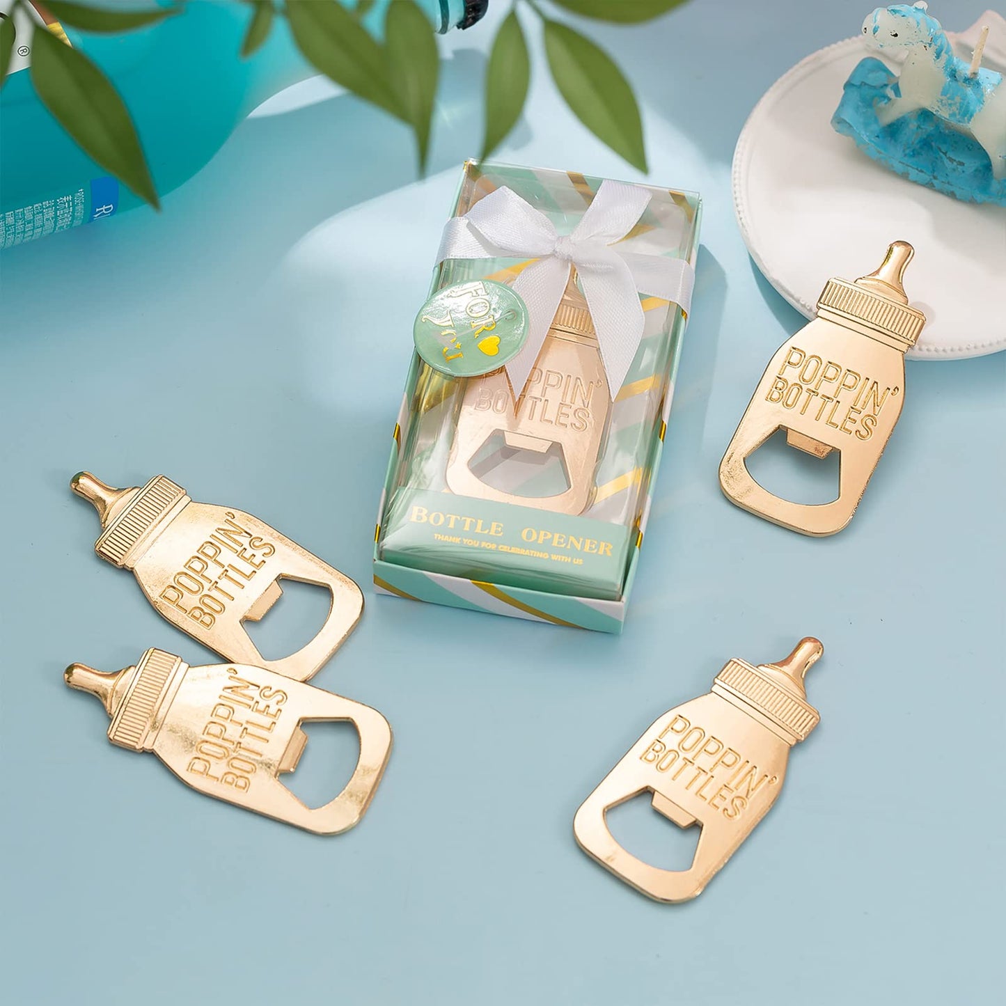 24 Pieces Baby Bottle Openers Shower Favoris, Gifts, Decorations, or Souvenir Guest Gift Boxes, Poppin Design for Baby Boys or Girls (24 Pack Green)
