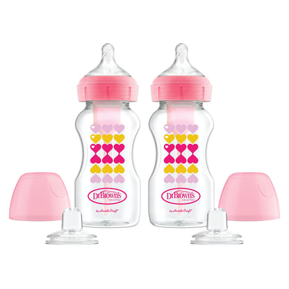 Dr. Brown’s Anti-Colic Options+ Wide-Neck Sippy Bottle Starter Kit, 9oz/270mL, with Level 3 Medium-Fast Flow Nipple and Soft 100% Silicone Sippy Spout, Pink, BPA Free, 6m+