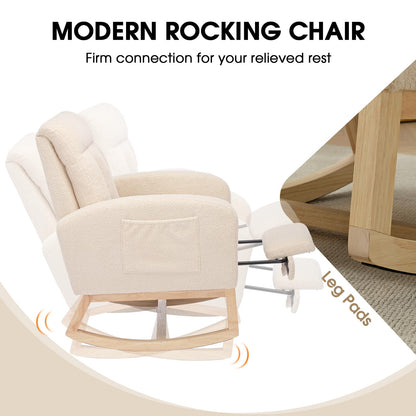 NIOIIKIT Modern Nursery Rocking Chair, Teddy Upholstered Rocking Chair with Footrest, Comfortable Glider Rocker with Side Pocket for Living Room, Bedroom, Nursing Room (Beige)