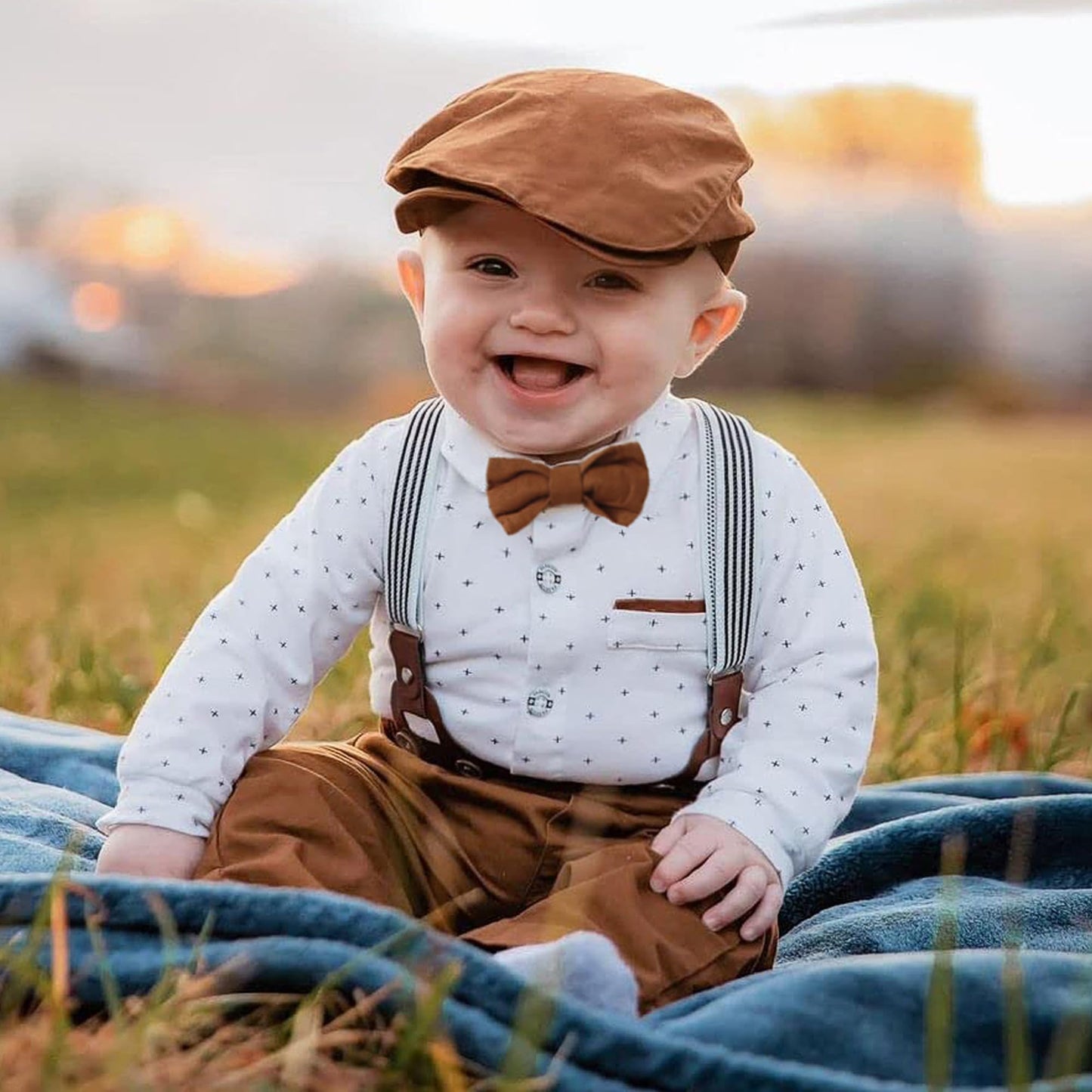ZOEREA Baby Boy Suit 0-24M Gentleman Outfit Clothes Set Infant Long Sleeve Dress Shirt+Suspender Pants+Bowtie+Beret Hat