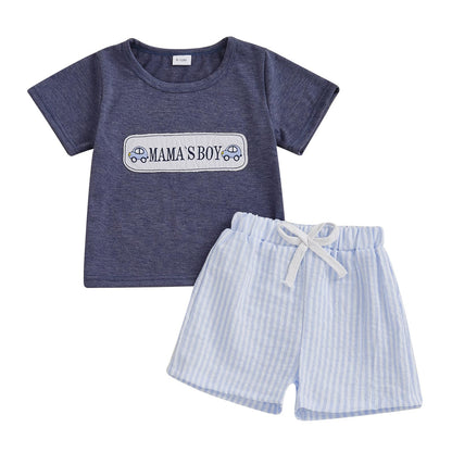Toddler Baby Boy Summer Outfits Short Sleeve Embroidered T Shirt Tees + Striped/Plaid Shorts Infant Clothes Set