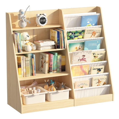 White Kids Bookshelf Wood Toy Storage Organizer Cabinet Children Bookcase Toddler Baby Sling Book Rack 3 Cube Bins Fabric Drawers for Playroom Bedroom Nursery School