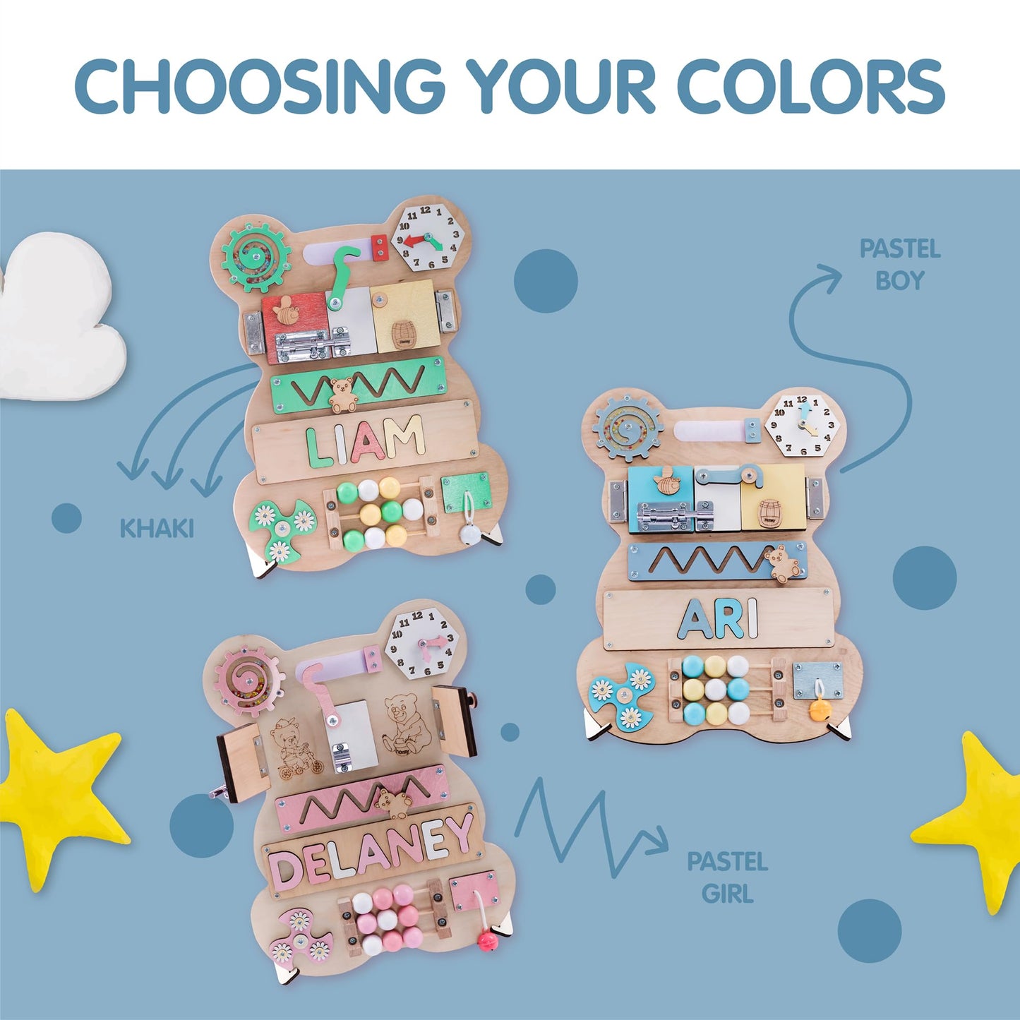 Nabytok Customized Name Puzzle for Toddlers (Fixed I J Letters) Personalized Toddlers Busy Board, Baby Personalized Board for 1-5 Years Old, First Birthday Gift, Montessori Toys (Pastel Girl)