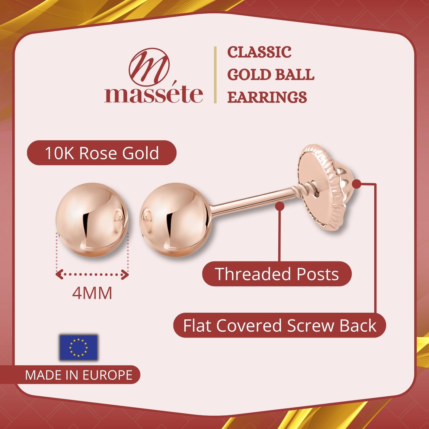 MASSETE Gold Ball Stud Earrings for Women and Girls Screwback | 10k, 14k, 18k | White Yellow or Rose Gold | 3mm 4mm 5mm | Nickel Free