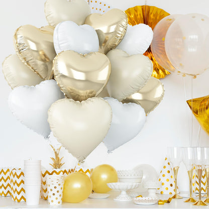 Sage Green Gold Heart Balloons,12Pcs Light Gold Heart Shaped Foil Balloons,18Inch Cream White Helium Mylar Balloon for Baby Shower Birthday Anniversary Wedding Party Decorations