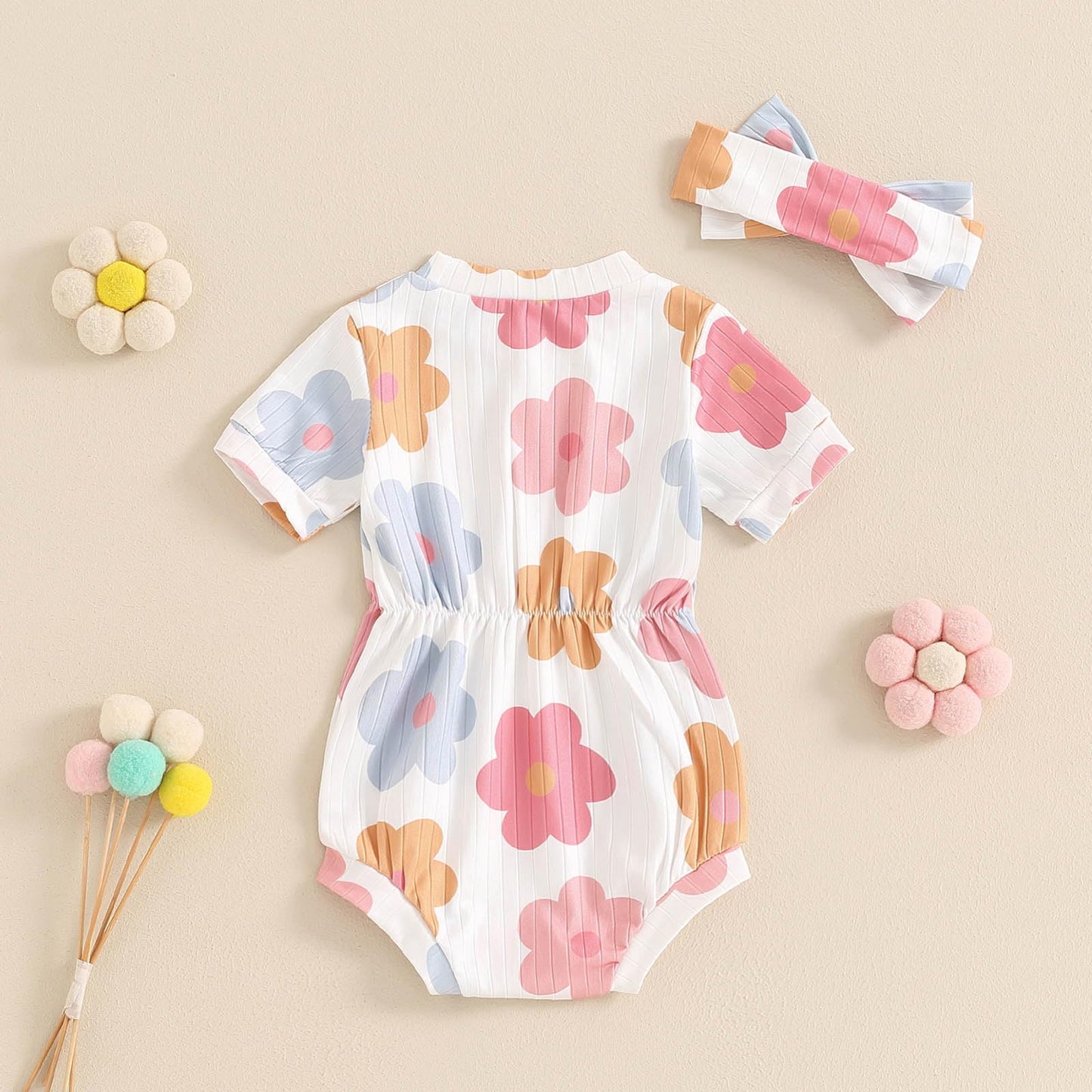 Baby Girl Summer Clothes Ribbed Short Sleeve Romper Solid Color Bodysuits Bow Headband Outfit Newborn Girl Jumpsuit