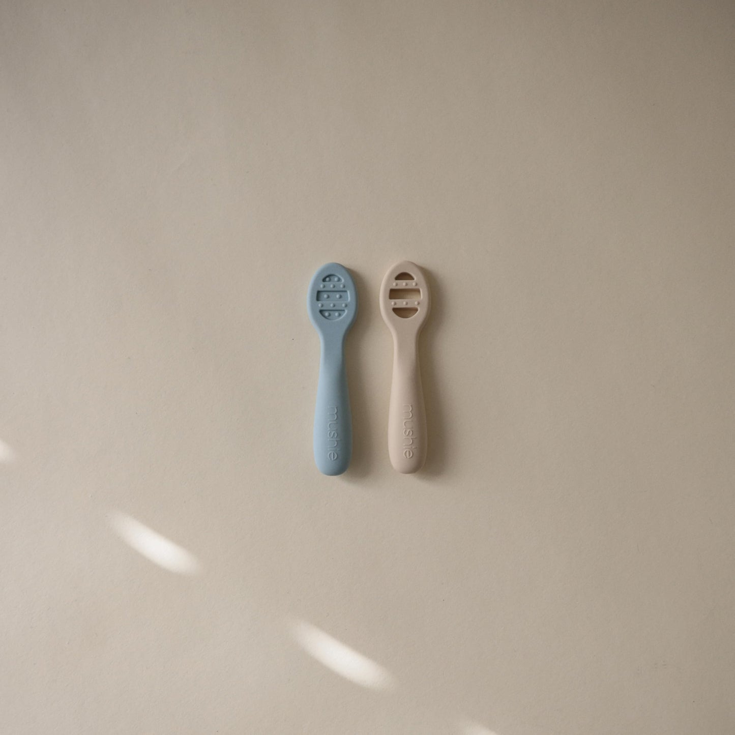 mushie Silicone First Feeding Baby Spoons | 2 Pack (Tradewinds/Shifting Sand)