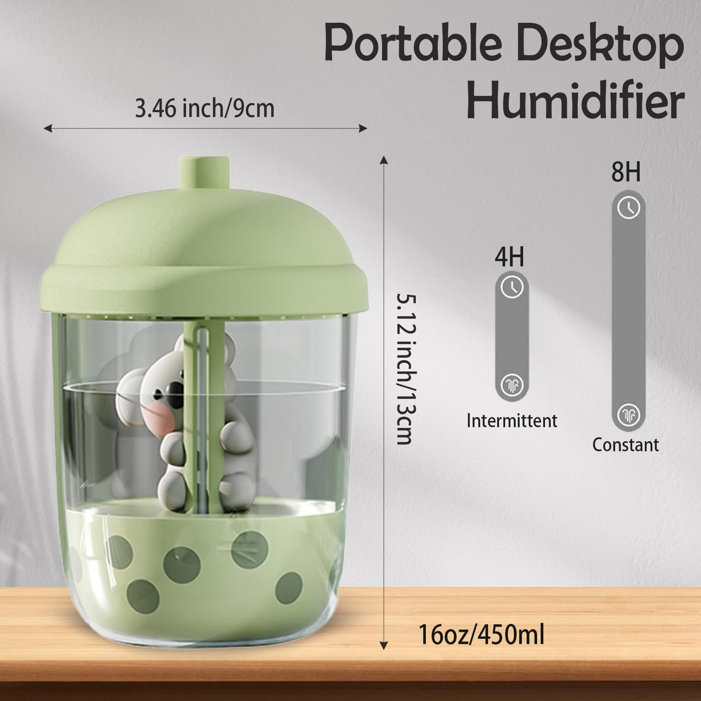 Koala-Theme Mini Cool Mist Humidifier - 450ml USB Personal Humidifier with Auto Shut-Off, Ultra-Quiet (Green)