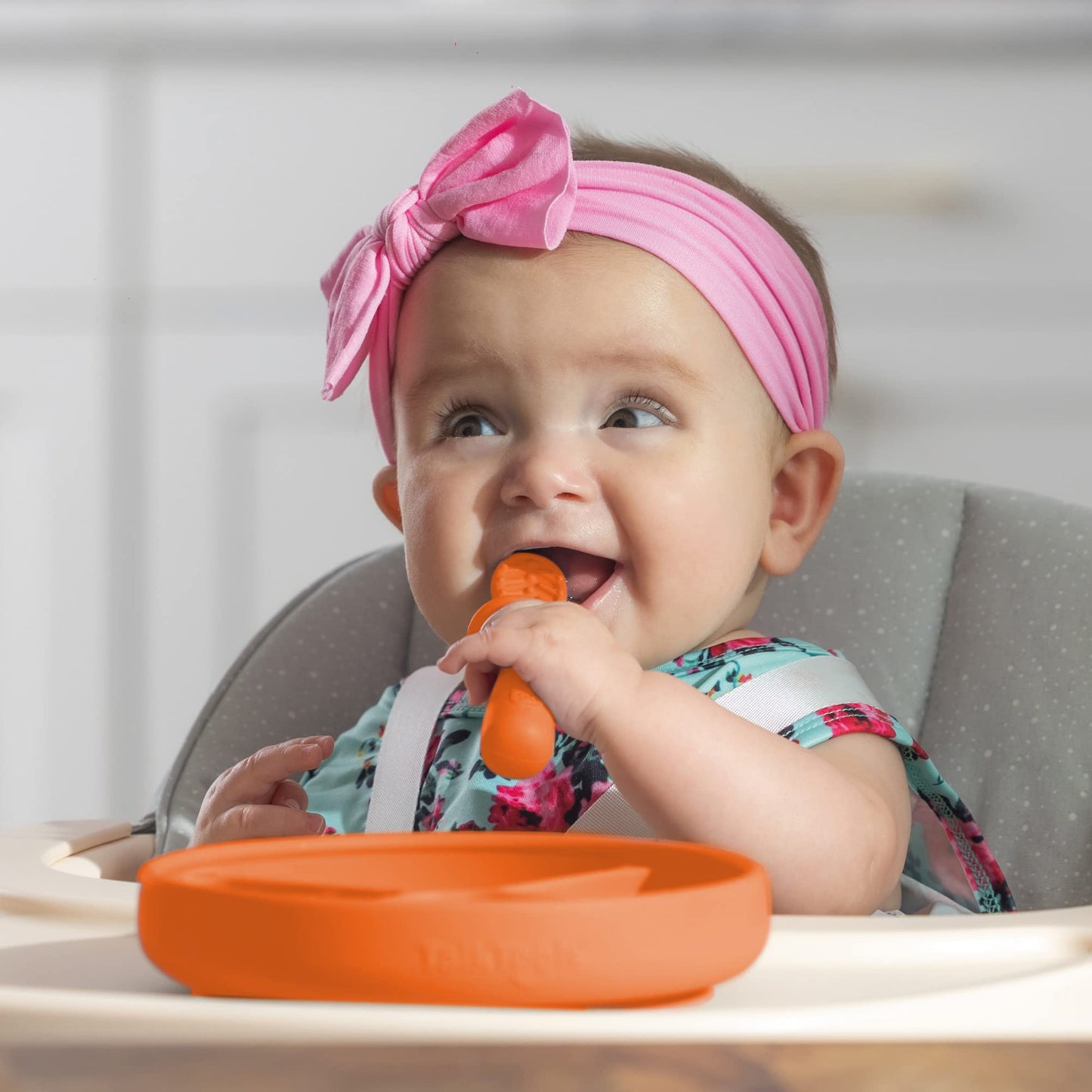 TalkTools ITSY Baby Utensil Set – Silicone Training Cup, Plate and Twin Spoon Pack for Toddlers| Infant First Food Self Feeding Silicone Training Set (Bubblegum)