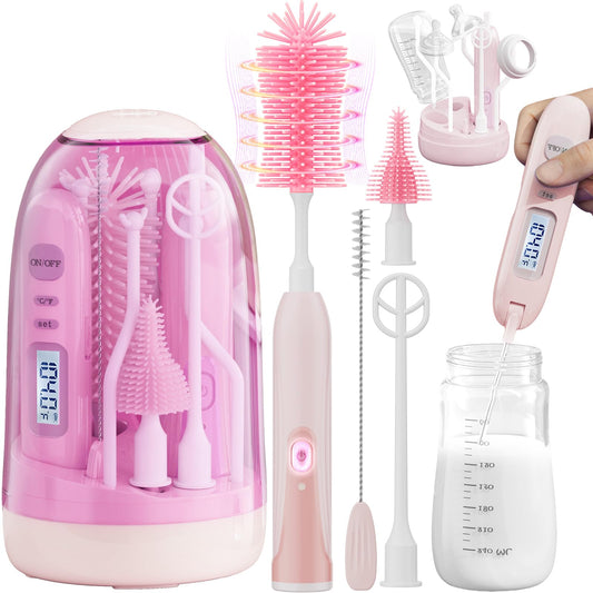 Electric Bottle Brush Cleaner,Rechargable Baby Bottle Brush with Thermometer,Drying Rack,Waterproof Baby Bottle Cleaner with Nipple&Straw Brush,Perfect Essentials Gift for New Mom (Violet)