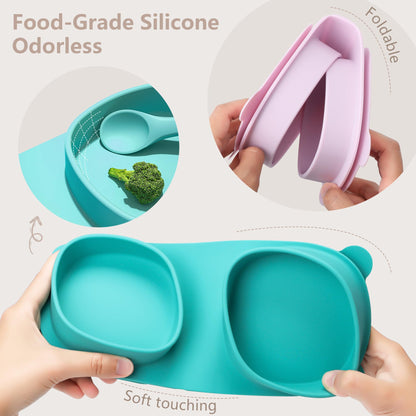 Silicone Foldable Novelty Dinner Plates,Baby Plates Travel Essential with Forks and Spoons,Microwave & Dishwasher SafeWatermelon