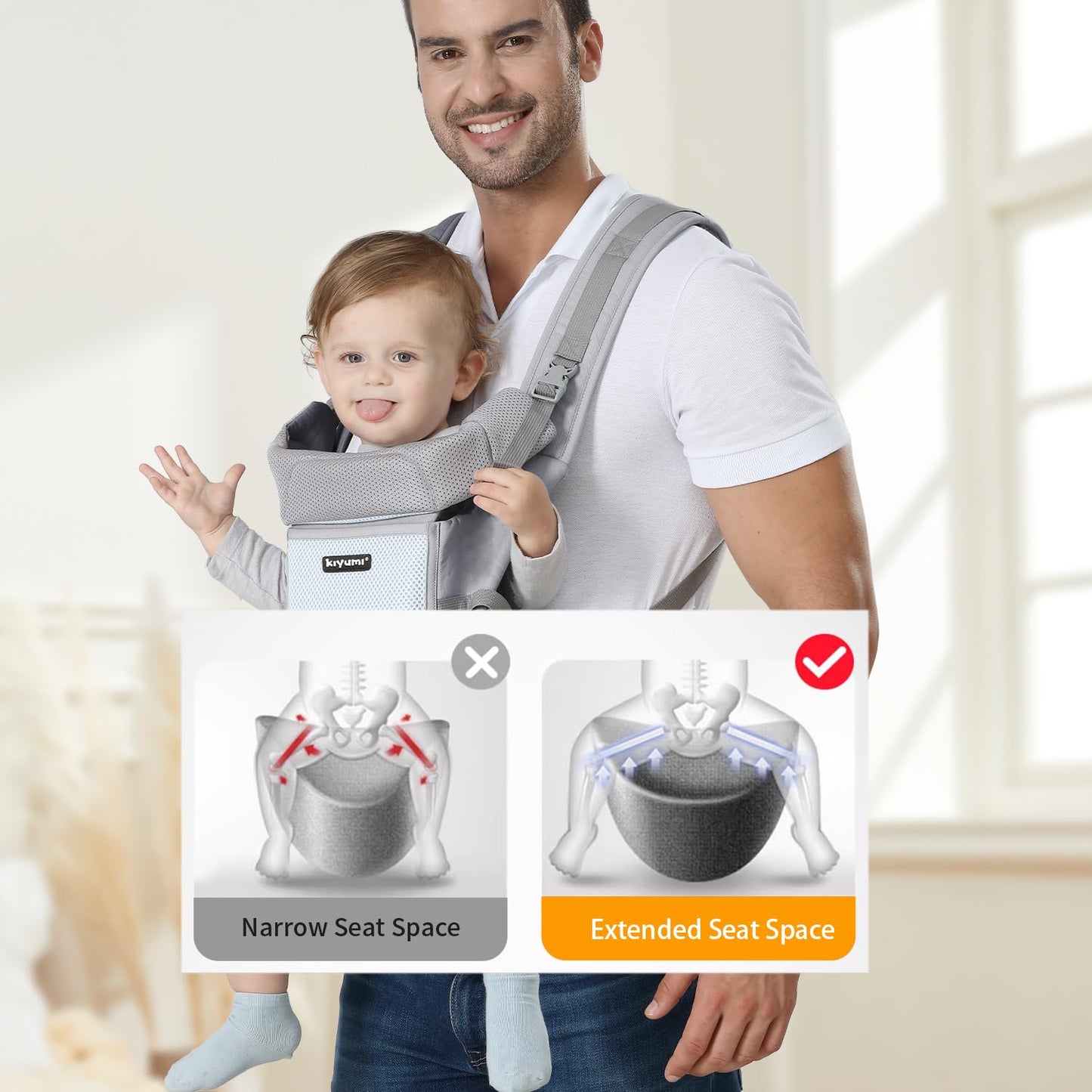 KIYUMI Baby Carrier with Hip Seat, 6- in-1 Baby Carrier Newborn to Toddler, Ergonomic M Position with Head Support and Breathable Mesh,Adjustable Removable Baby Sling Carrier (7-45 lbs) BXLU